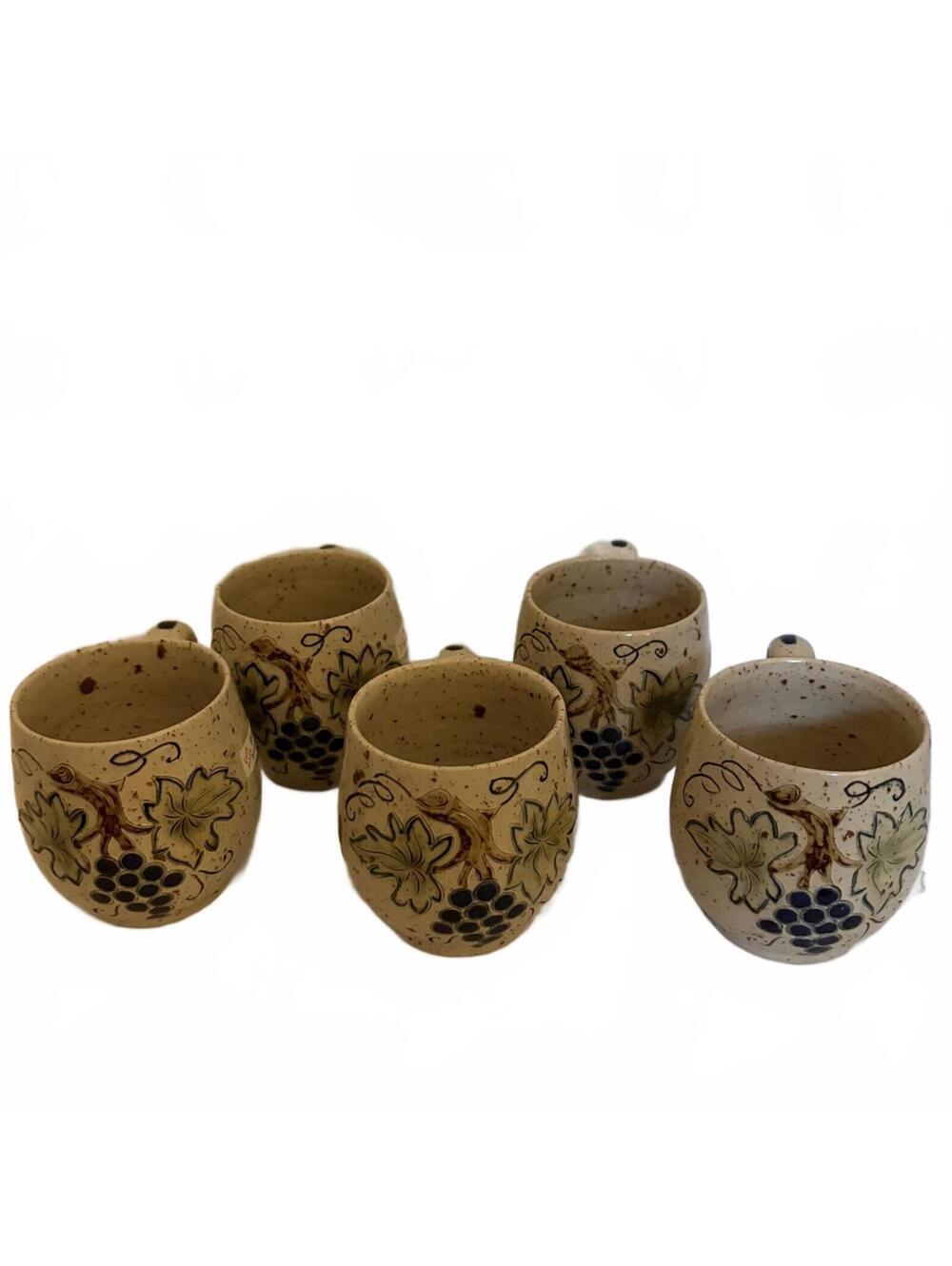 Set of 5 French signed & dated handmade ceramic mugs - Alsatian grapevine motif